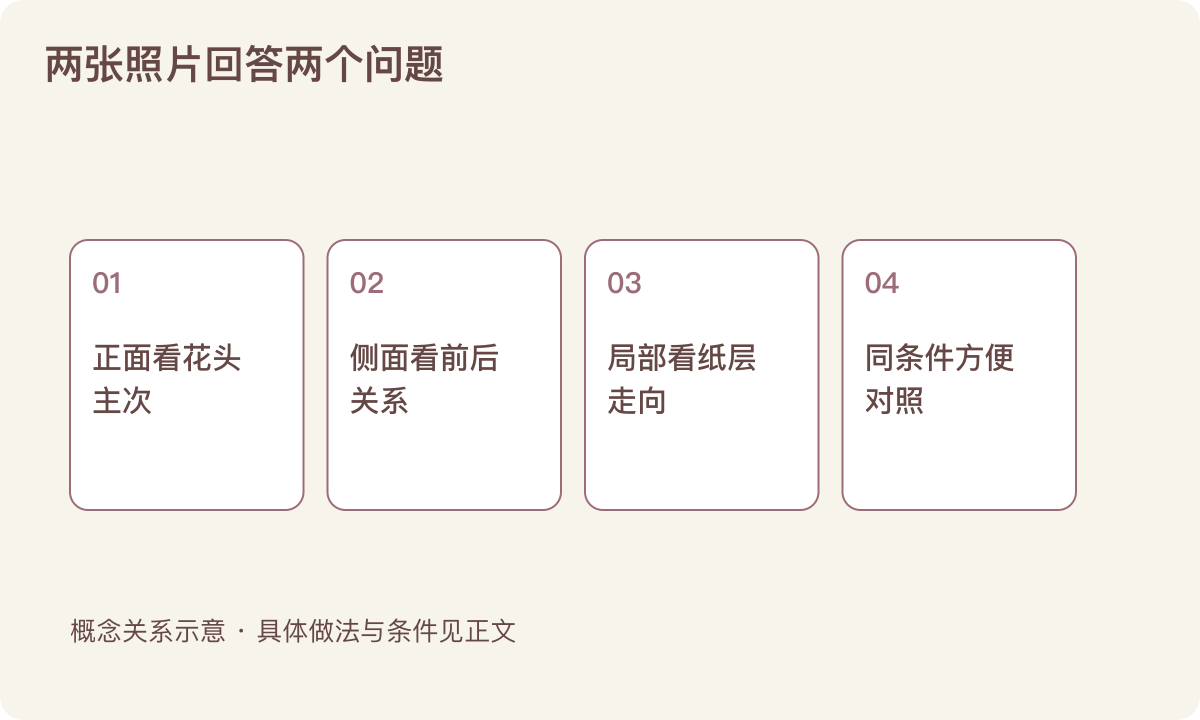 两张照片回答两个问题:正面看花头主次;侧面看前后关系;局部看纸层走向;同条件方便对照