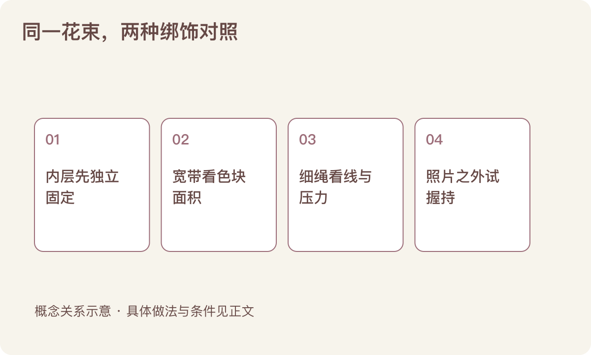 同一花束，两种绑饰对照：内层先独立固定；宽带看色块面积；细绳看线与压力；照片之外试握持