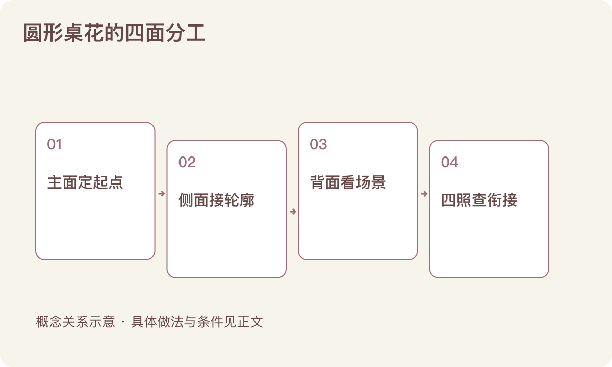 圆形桌花的四面分工:主面定起点;侧面接轮廓;背面看场景;四照查衔接