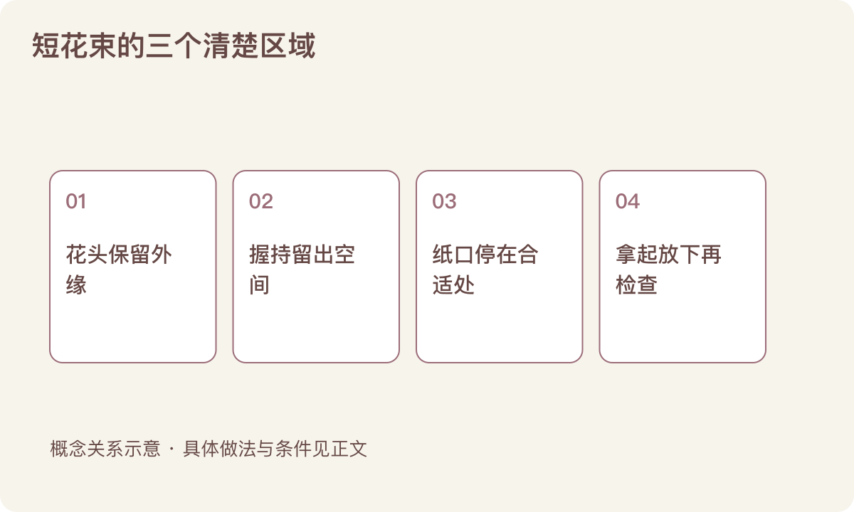 短花束的三个清楚区域：花头保留外缘；握持留出空间；纸口停在合适处；拿起放下再检查