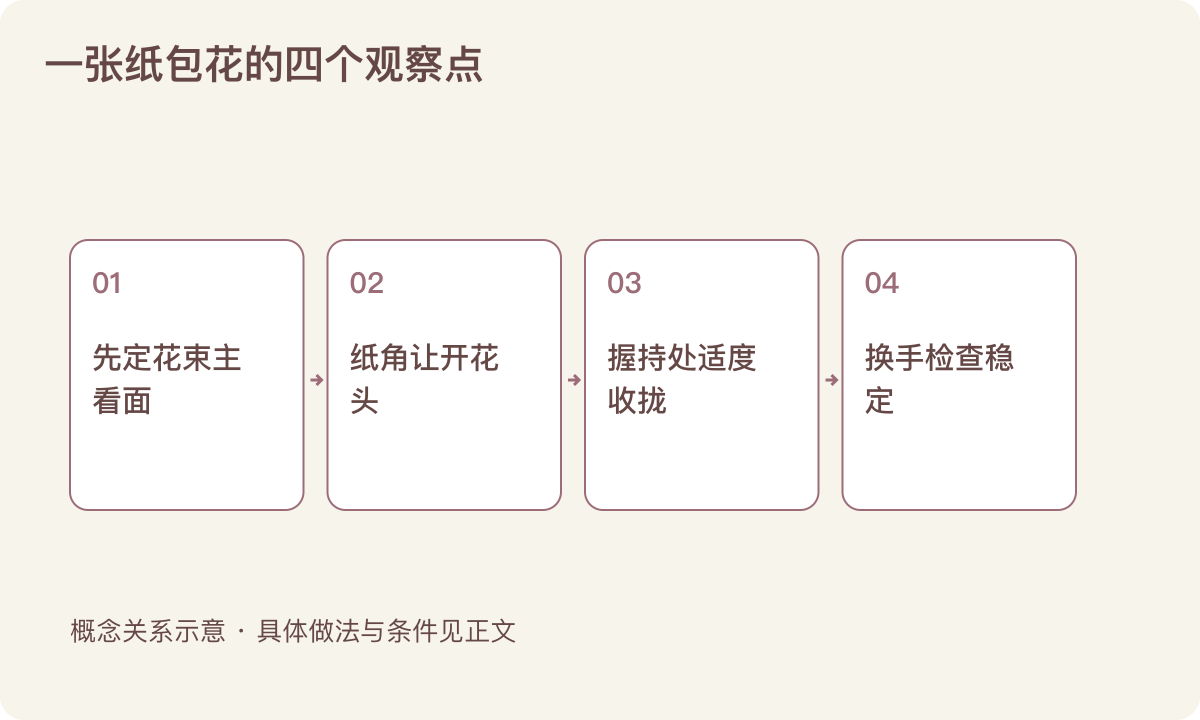 一张纸包花的四个观察点:先定花束主看面;纸角让开花头;握持处适度收拢;换手检查稳定
