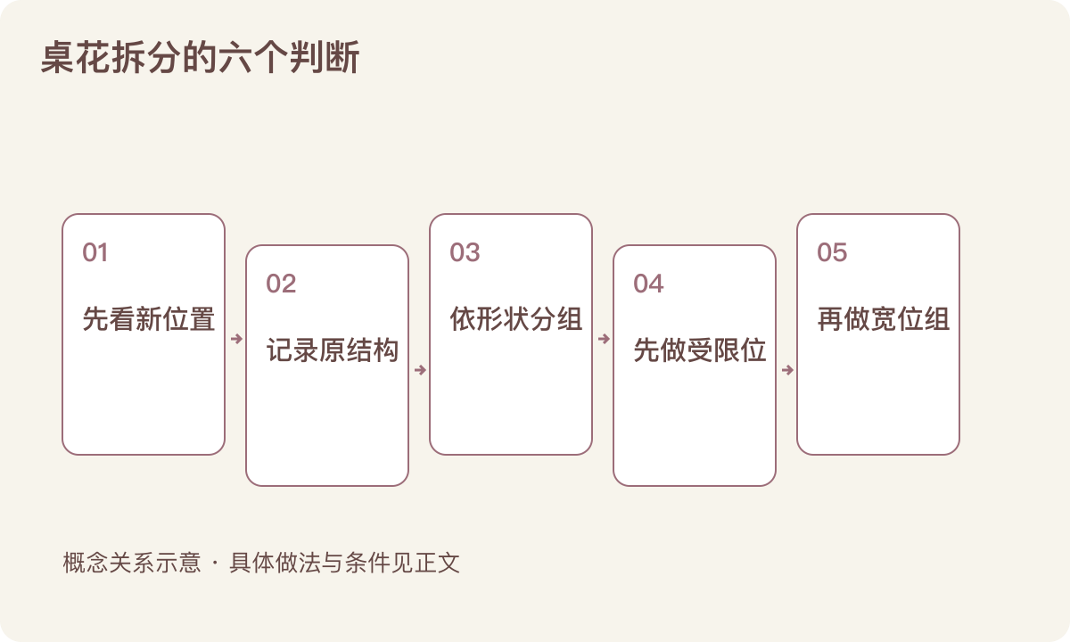 桌花拆分的六个判断:先看新位置;记录原结构;依形状分组;先做受限位;再做宽位组