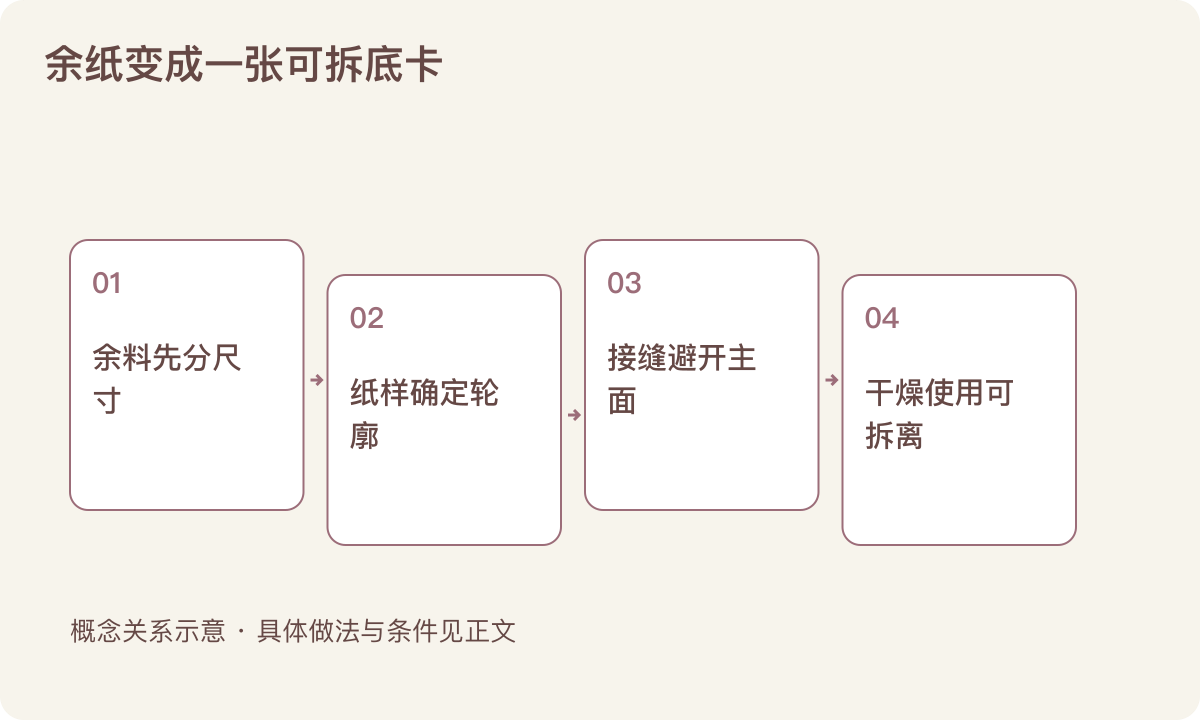余纸变成一张可拆底卡：余料先分尺寸；纸样确定轮廓；接缝避开主面；干燥使用可拆离
